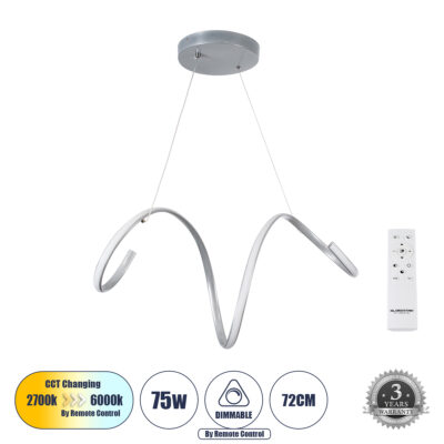 Alternative view of LEDTM® SPIRALE 61285 Μοντέρνο Κρεμαστό Φωτιστικό Οροφής LED 75W 8400lm 300° AC 220-240V IP20 Ρυθμιζόμενο Λευκό CCT με Χειριστήριο από 2700K έως 6000K Dimmable - Lumileds SMD Chip - Νίκελ Βούρτσας - Μ72 x Π25 x Υ30cm - 3 Χρόνια Εγγύηση