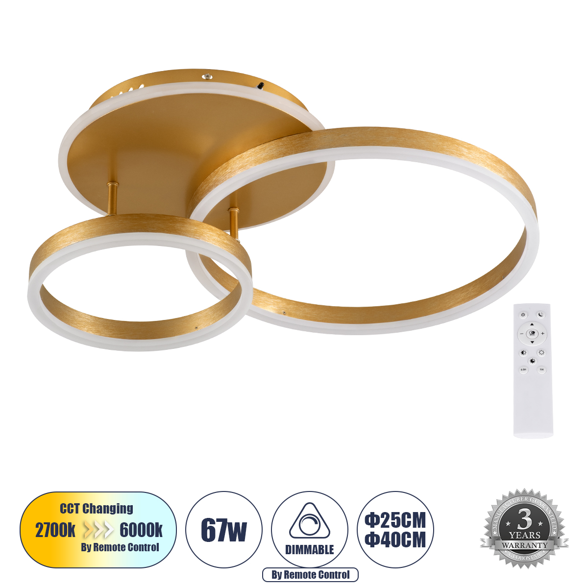 LEDTM® VENOM 61122 Μοντέρνο Φωτιστικό Οροφής LED 67W 8040lm 360° AC 220-240V IP20 Ρυθμιζόμενο Λευκό CCT με Χειριστήριο από 2700K έως 6000K Dimmable - Lumileds SMD Chip - Σατινέ Χρυσό Βούρτσας - Μ60 x Π40 x Υ12.5cm - 3 Χρόνια Εγγύηση - Image 2