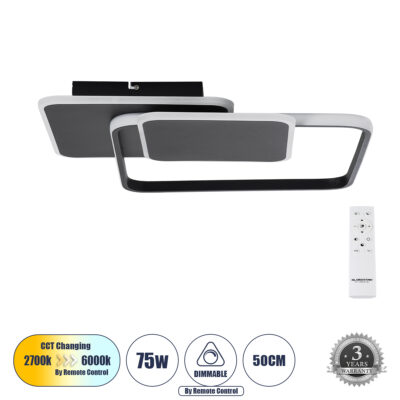 Alternative view of LEDTM® SQUARO 61231 Μοντέρνο Φωτιστικό Οροφής LED 75W 8400lm 360° AC 220-240V IP20 Ρυθμιζόμενο Λευκό CCT με Χειριστήριο από 2700K έως 6000K Dimmable - Lumileds SMD Chip - Μαύρο Ματ - Μ48.5 x Π51 x Υ9cm - 3 Χρόνια Εγγύηση
