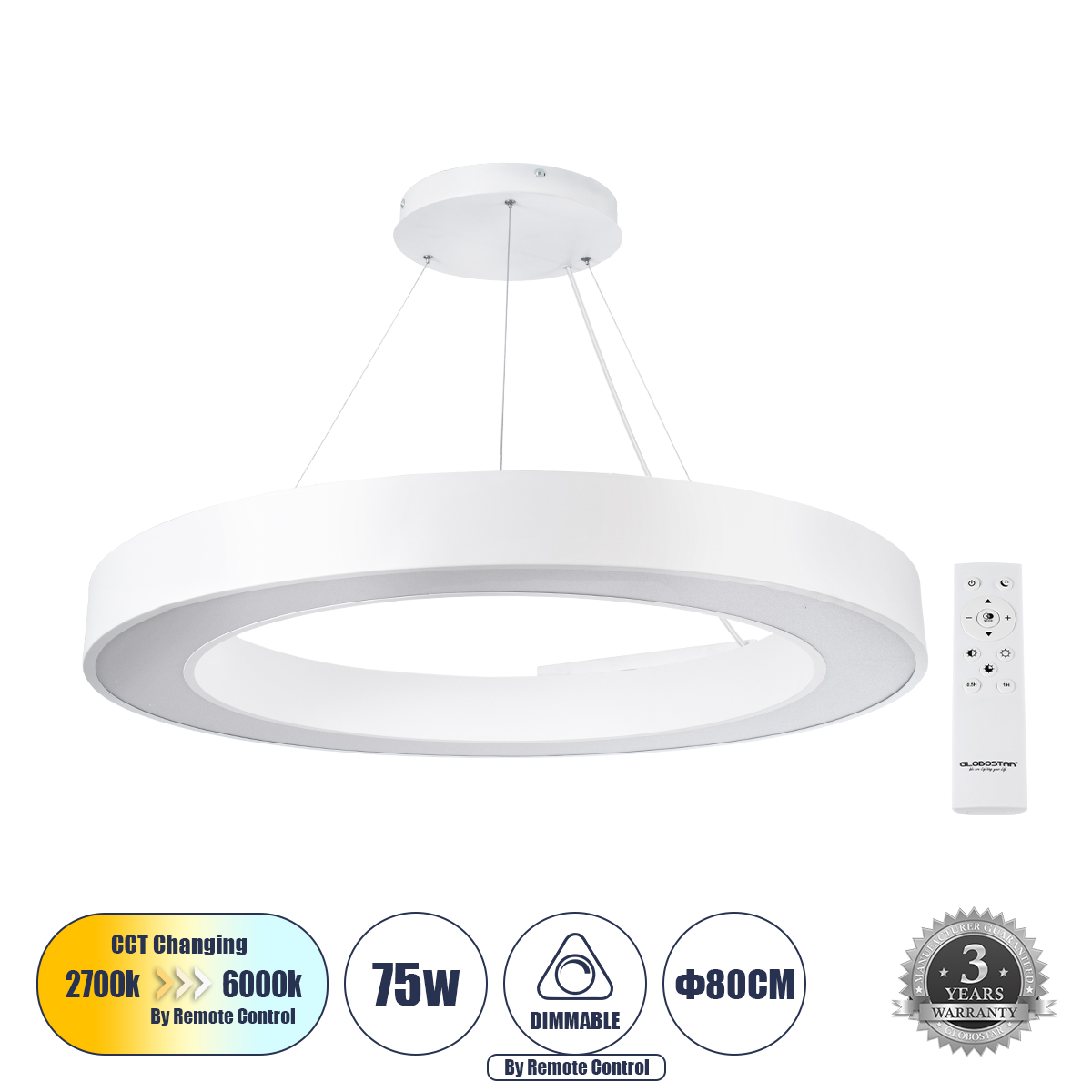 LEDTM® RA 61197 Μοντέρνο Κρεμαστό Φωτιστικό Οροφής LED 75W 8250lm 120° AC 220-240V IP20 Ρυθμιζόμενο Λευκό CCT με Χειριστήριο από 2700K έως 6000K Dimmable - Lumileds SMD Chip - Λευκό Ματ - Μ80 x Π80 x Υ8cm - 3 Χρόνια Εγγύηση - Image 2