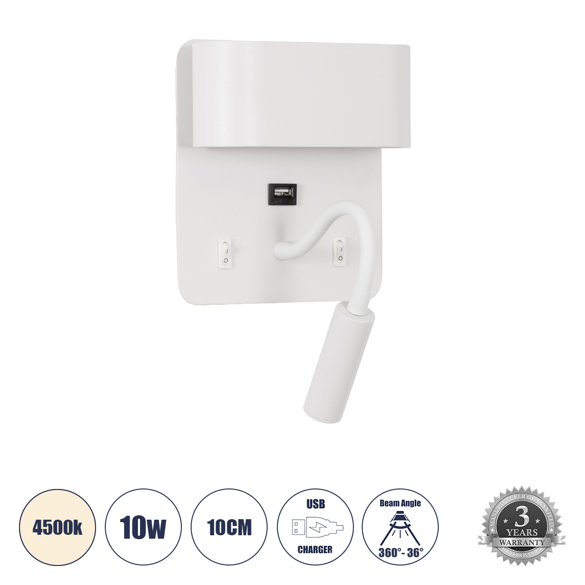 LEDTM® IBIS 61368 Μοντέρνο Φωτιστικό Τοίχου - Απλίκα Ξενοδοχείου Reading Light με Φορτιστή USB 3A LED 10W 1100lm 36° & 360° AC 220-240V IP20 Φυσικό Λευκό 4500K - Bridgelux COB Chip & TÜV SÜD Driver - Λευκό Ματ - Μ10 x Π6.1 x Υ18cm - 3 Χρόνια Εγγύηση - Image 2