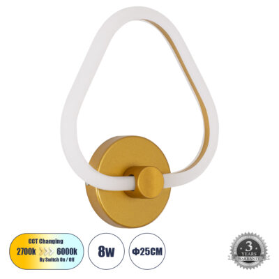 Alternative view of LEDTM® REGINA 61342 Μοντέρνο Φωτιστικό Τοίχου - Απλίκα LED 8W 960lm 360° AC 220-240V IP20 Ρυθμιζόμενο Λευκό CCT με On/Off 2700K/4500K/6000K - Lumileds SMD Chip - Χρυσό - Μ25 x Π7 x Υ28.5cm - 3 Χρόνια Εγγύηση