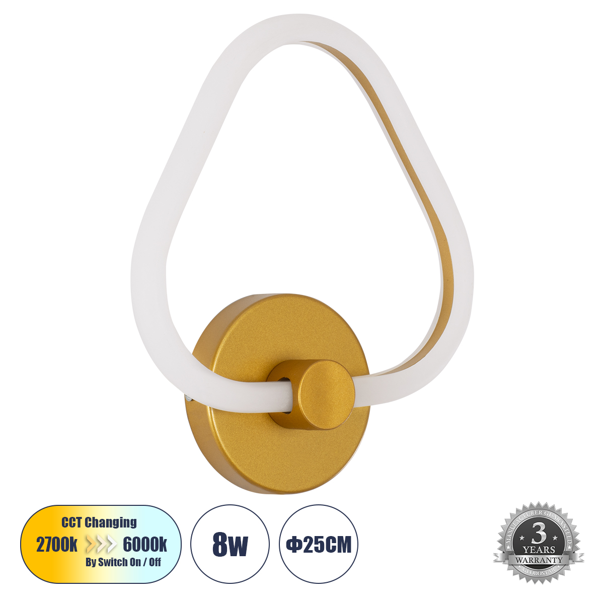LEDTM® REGINA 61342 Μοντέρνο Φωτιστικό Τοίχου - Απλίκα LED 8W 960lm 360° AC 220-240V IP20 Ρυθμιζόμενο Λευκό CCT με On/Off 2700K/4500K/6000K - Lumileds SMD Chip - Χρυσό - Μ25 x Π7 x Υ28.5cm - 3 Χρόνια Εγγύηση - Image 2