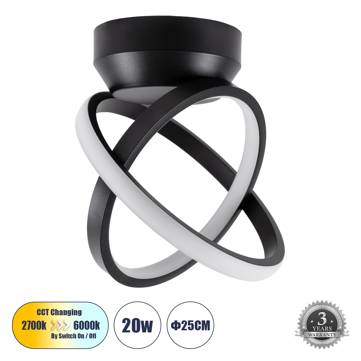 LEDTM® AMELIA 61052 Μοντέρνο Φωτιστικό Οροφής LED 20W 2400lm 300° AC 220-240V IP20 Ρυθμιζόμενο Λευκό CCT με On/Off 2700K/4500K/6000K - Lumileds SMD Chip - Μαύρο Ματ - Μ24.5 x Π16 x Υ25cm - 3 Χρόνια Εγγύηση - Image 2