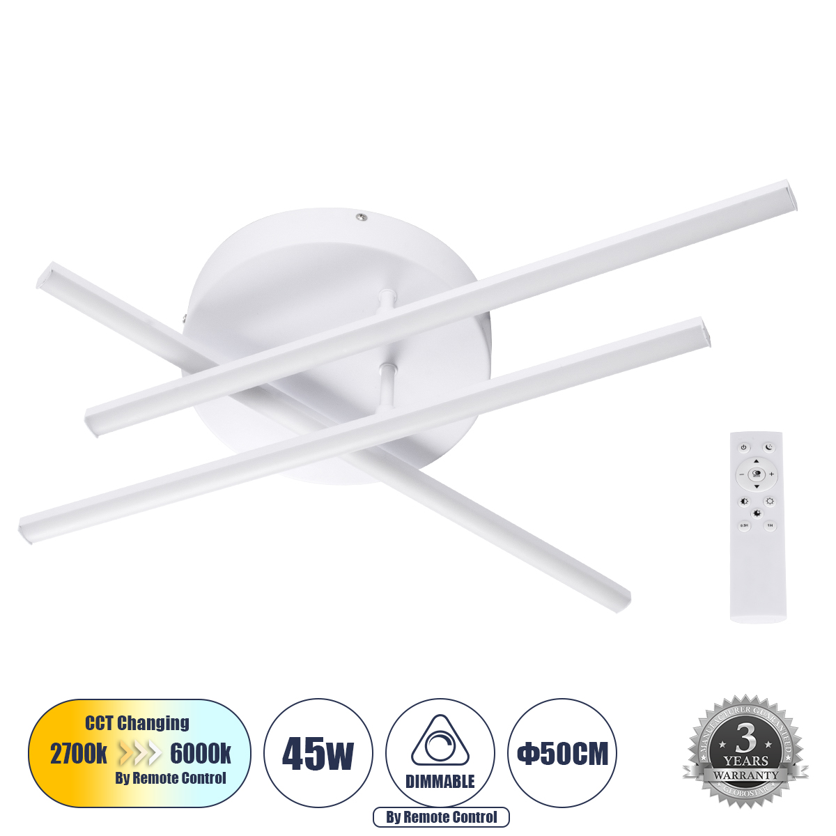 LEDTM® DRACO 61094 Μοντέρνο Φωτιστικό Οροφής LED 45W 5535lm 120° AC 220-240V IP20 Ρυθμιζόμενο Λευκό CCT με Χειριστήριο από 2700K έως 6000K Dimmable - Lumileds SMD Chip - Λευκό Ματ - Μ50 x Π50 x Υ11cm - 3 Χρόνια Εγγύηση - Image 2