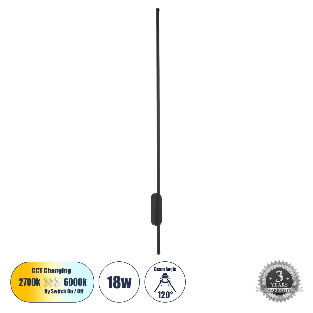 LEDTM® HARLEM 61335 Μοντέρνο Φωτιστικό Τοίχου - Απλίκα LED 18W 2160lm 120° AC 220-240V IP20 Ρυθμιζόμενο Λευκό CCT με On/Off 2700K/4500K/6000K - Lumileds SMD Chip - Μαύρο Ματ - Μ5 x Π4 x Υ120cm - 3 Χρόνια Εγγύηση - Image 2