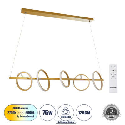 Alternative view of LEDTM® CIRCOLARE 61322 Μοντέρνο Κρεμαστό Φωτιστικό Οροφής LED 75W 8400lm 360° AC 220-240V IP20 Ρυθμιζόμενο Λευκό CCT με Χειριστήριο από 2700K έως 6000K Dimmable - Lumileds SMD Chip - Χρυσό - Μ120 x Π25 x Υ25cm - 3 Χρόνια Εγγύηση