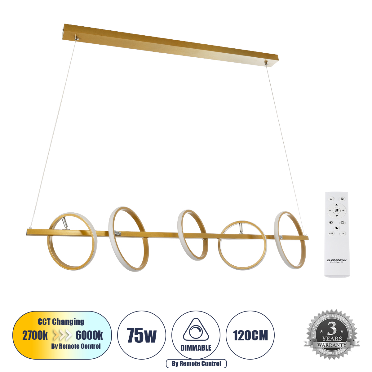 LEDTM® CIRCOLARE 61322 Μοντέρνο Κρεμαστό Φωτιστικό Οροφής LED 75W 8400lm 360° AC 220-240V IP20 Ρυθμιζόμενο Λευκό CCT με Χειριστήριο από 2700K έως 6000K Dimmable - Lumileds SMD Chip - Χρυσό - Μ120 x Π25 x Υ25cm - 3 Χρόνια Εγγύηση - Image 2
