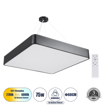 Alternative view of LEDTM® KAMALA 61208 Μοντέρνο Κρεμαστό Φωτιστικό Οροφής LED 75W 8625lm 120° AC 220-240V IP20 Ρυθμιζόμενο Λευκό CCT με Χειριστήριο από 2700K έως 6000K Dimmable - Lumileds SMD Chip - Μαύρο Ματ - Μ60 x Π60 x Υ8cm - 3 Χρόνια Εγγύηση