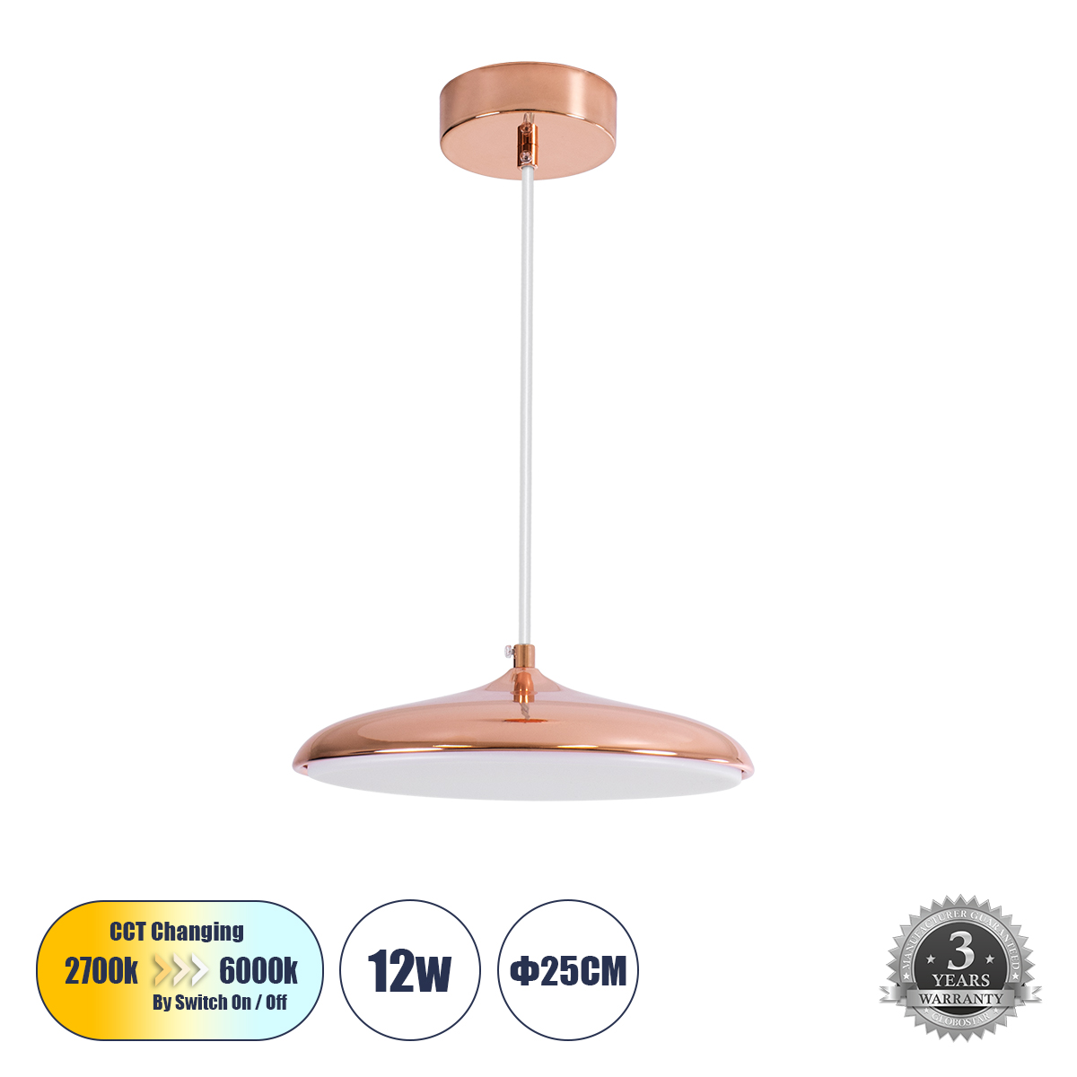 LEDTM® BARON 61253 Μοντέρνο Κρεμαστό Φωτιστικό Οροφής LED 12W 1440lm 120° AC 220-240V IP20 Ρυθμιζόμενο Λευκό CCT με On/Off 2700K/4500K/6000K - Lumileds SMD Chip - Ροζ Χρυσό - Μ25 x Π25 x Υ8cm - 3 Χρόνια Εγγύηση - Image 2