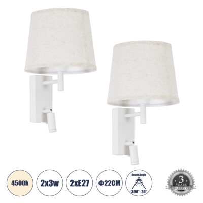 Alternative view of LEDTM® ROULETTE-R 61380 Μοντέρνο Φωτιστικό Τοίχου - Απλίκα Ξενοδοχείου Reading Light με Φορτιστή USB 3A & Ντουί 1 x E27 LED 3W 360lm 36° & 360° AC 220-240V IP20 Φυσικό Λευκό 4500K - Bridgelux COB Chip & TÜV SÜD Driver - Λευκό Ματ & Μπεζ - Μ22 x Π23.5 x Υ37cm - Σετ 2 Τεμαχίων - 3 Χρόνια Εγγύηση