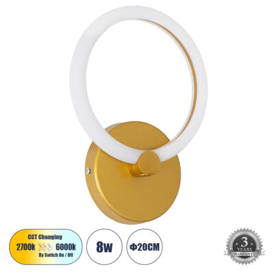 Alternative view of LEDTM® MATILDA 61340 Μοντέρνο Φωτιστικό Τοίχου - Απλίκα LED 8W 960lm 360° AC 220-240V IP20 Ρυθμιζόμενο Λευκό CCT με On/Off 2700K/4500K/6000K - Lumileds SMD Chip - Χρυσό - Μ20 x Π5 x Υ25.5cm - 3 Χρόνια Εγγύηση
