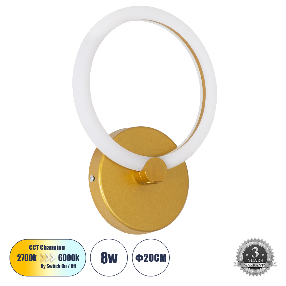 LEDTM® MATILDA 61340 Μοντέρνο Φωτιστικό Τοίχου - Απλίκα LED 8W 960lm 360° AC 220-240V IP20 Ρυθμιζόμενο Λευκό CCT με On/Off 2700K/4500K/6000K - Lumileds SMD Chip - Χρυσό - Μ20 x Π5 x Υ25.5cm - 3 Χρόνια Εγγύηση - Image 2