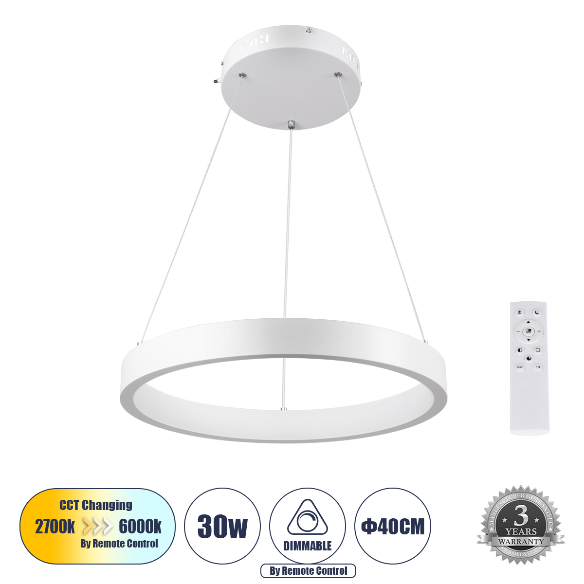 LEDTM® NEMESIS 61156 Μοντέρνο Κρεμαστό Φωτιστικό Οροφής LED 30W 3513lm 360° AC 220-240V IP20 Ρυθμιζόμενο Λευκό CCT με Χειριστήριο από 2700K έως 6000K Dimmable - Lumileds SMD Chip - Λευκό Ματ - Μ40 x Π40 x Υ4cm - 3 Χρόνια Εγγύηση - Image 2