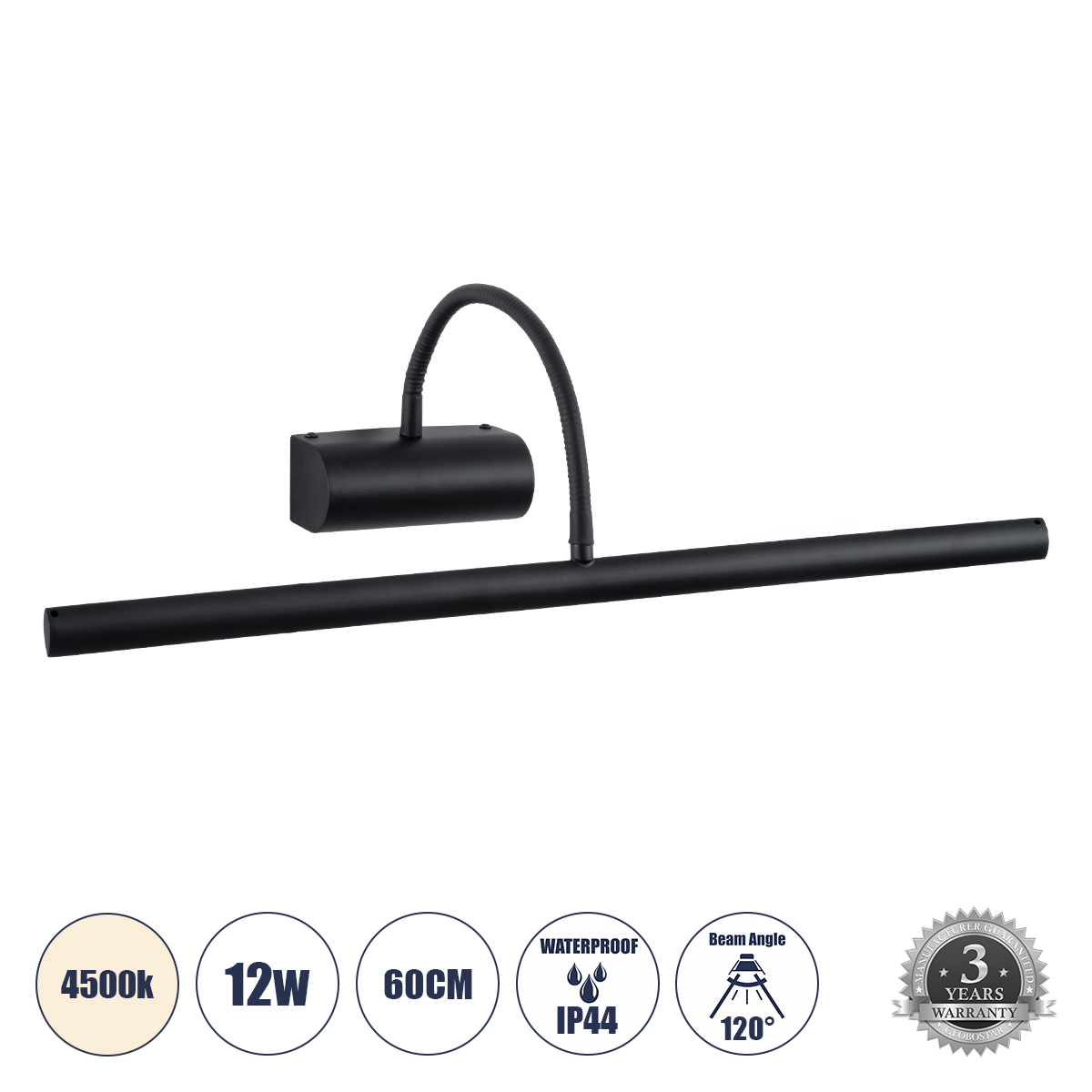 LEDTM® TROIS 60436 Μοντέρνο Φωτιστικό Τοίχου - Απλίκα Καθρέπτη Μπάνιου LED 12W 1400lm 120° AC 220-240V Αδιάβροχο IP44 Φυσικό Λευκό 4500K - Lumileds SMD Chip & TÜV SÜD Driver - Μαύρο Ματ - Μ60 x Π24 x Υ18cm - 3 Χρόνια Εγγύηση - Image 2