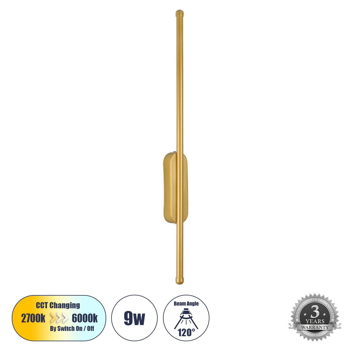 LEDTM® HARLEM 61332 Μοντέρνο Φωτιστικό Τοίχου - Απλίκα LED 9W 1080lm 120° AC 220-240V IP20 Ρυθμιζόμενο Λευκό CCT με On/Off 2700K/4500K/6000K - Lumileds SMD Chip - Χρυσό Βούρτσας - Μ5 x Π4 x Υ60cm - 3 Χρόνια Εγγύηση - Image 2