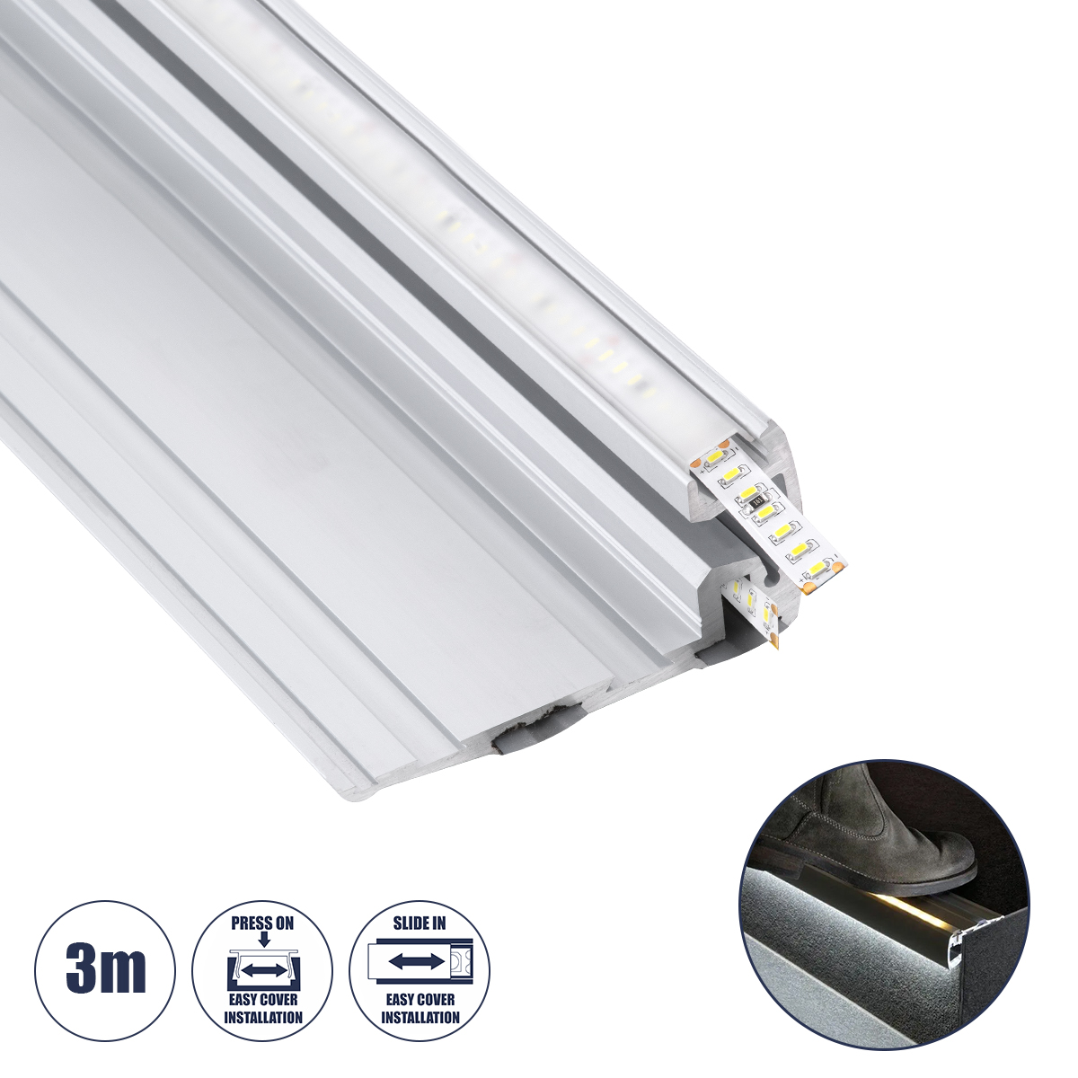 LEDTM® STAIR-PROFILE 70842-3M Προφίλ Αλουμινίου - Βάση & Ψύκτρα Ταινίας LED με Λευκό Γαλακτερό Κάλυμμα - Χρήση σε Σκαλοπάτια - Πατητό Κάλυμμα - Ασημί - 3 Μέτρα - Μ300 x Π8 x Υ3.2cm - Image 2