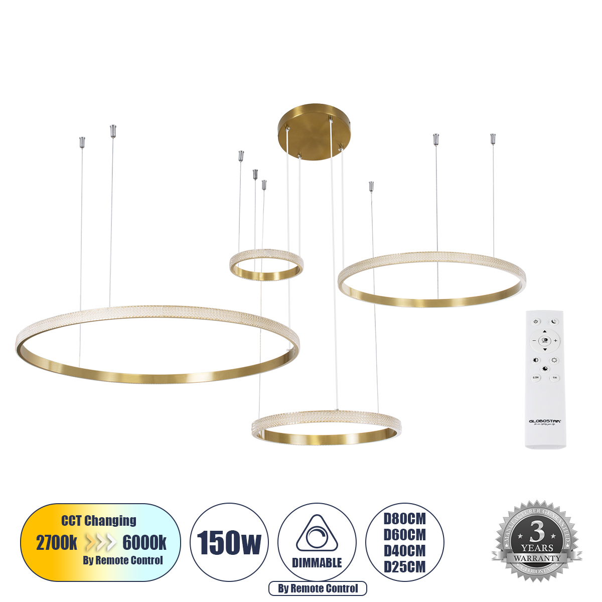 LEDTM® DIAMOND TETRA 61149 Μοντέρνο Κρεμαστό Φωτιστικό Οροφής LED 150W 15000lm 360° AC 220-240V IP20 Ρυθμιζόμενο Λευκό CCT με Χειριστήριο από 2700K έως 6000K Dimmable - Lumileds SMD Chip - Χρυσό Βούρτσας - Μ150 x Π150 x Υ120cm - 3 Χρόνια Εγγύηση - Image 2