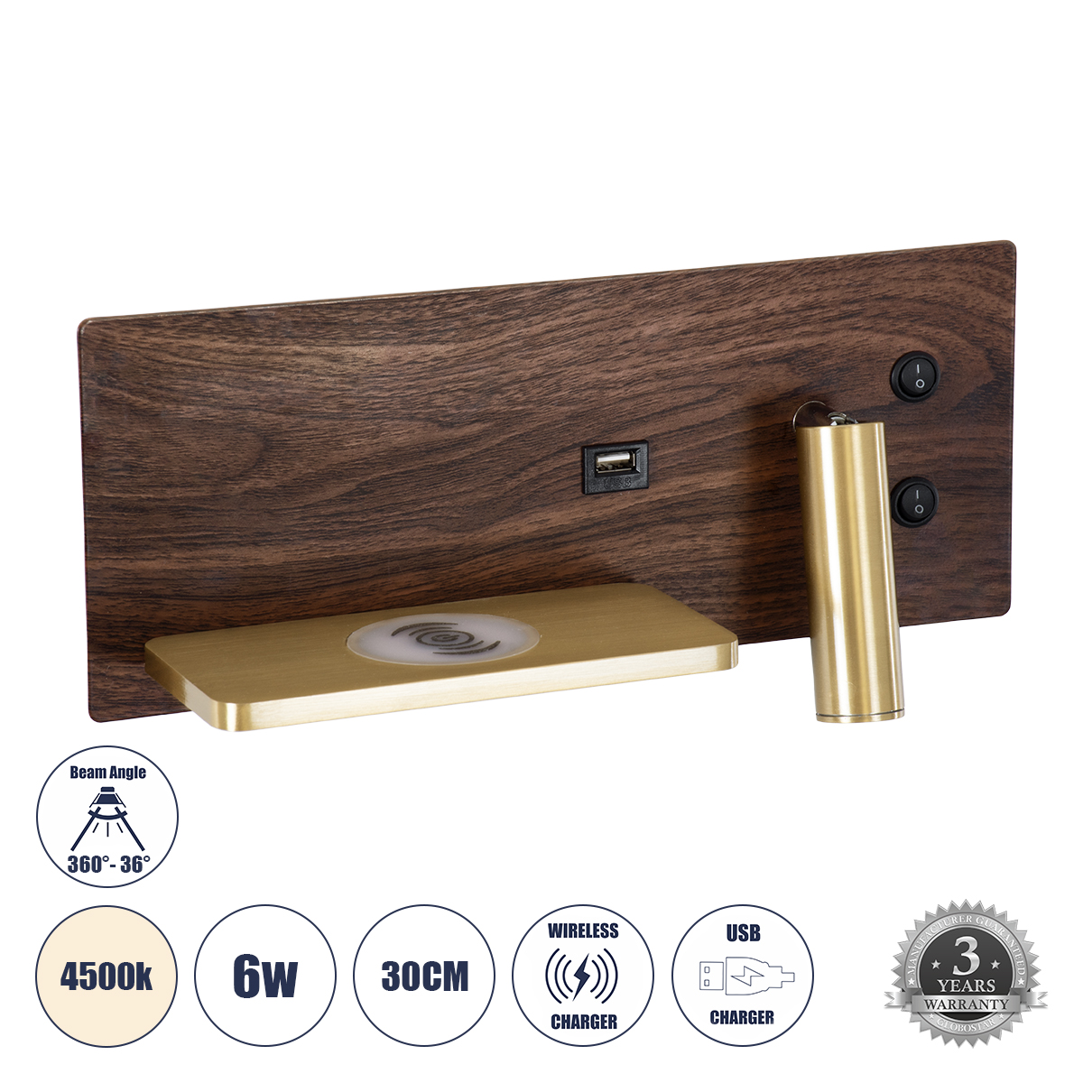 LEDTM® PALADIN 61361 Μοντέρνο Φωτιστικό Τοίχου - Απλίκα Ξενοδοχείου Reading Light με Φορτιστή USB 3A & Wireless 20W LED 6W 720lm 36° & 360° AC 220-240V IP20 Φυσικό Λευκό 4500K - Bridgelux COB Chip & TÜV SÜD Driver - Καφέ & Χρυσό Βούρτσας - Μ30 x Π11 x Υ12cm - 3 Χρόνια Εγγύηση - Image 2