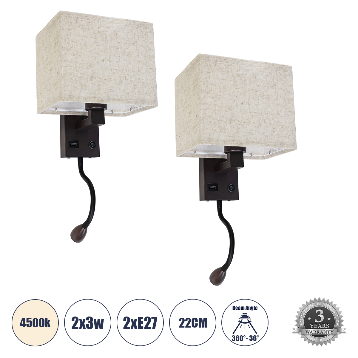 LEDTM® ROULETTE-S 61384 Μοντέρνο Φωτιστικό Τοίχου - Απλίκα Ξενοδοχείου Reading Light με Φορτιστή USB 3A & Ντουί 1 x E27 LED 3W 360lm 36° & 360° AC 220-240V IP20 Φυσικό Λευκό 4500K - Bridgelux COB Chip & TÜV SÜD Driver - Καφέ & Μπεζ - Μ17 x Π20 x Υ37cm - Σετ 2 Τεμαχίων - 3 Χρόνια Εγγύηση - Image 2